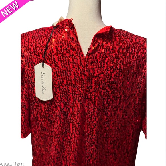 NWT Vine & Love Red Sequin Puff Sleeve Top Blouse Size Large - Picture 3 of 5